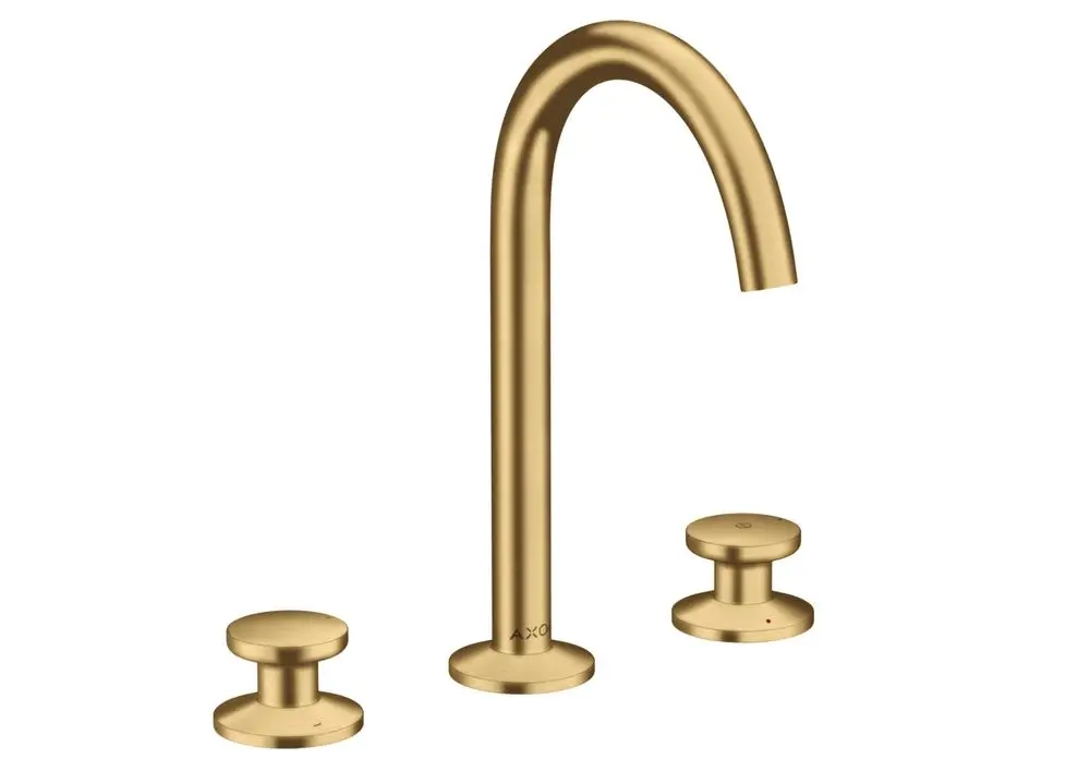 Waschtischarmatur in gebürstetem Gold-Finish von AXOR mit drei Löchern und Push-Open Ablaufgarnitur, bestehend aus hohem Wasserhahn und zwei Steuerknöpfen.